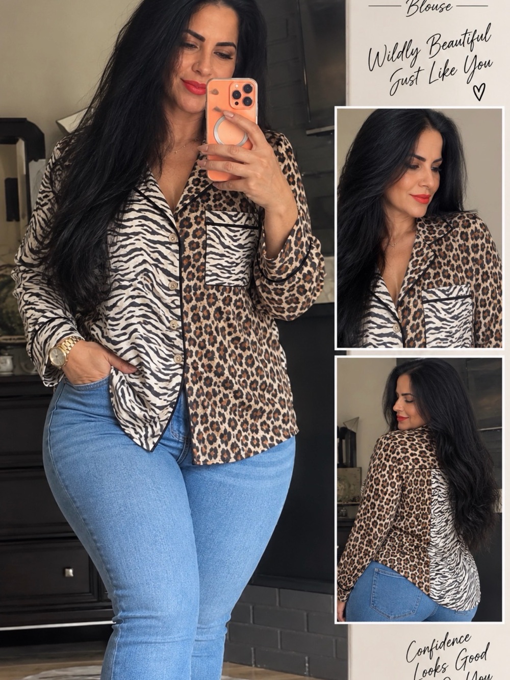Leopard & Zebra Print Button-Front Blouse - Brown